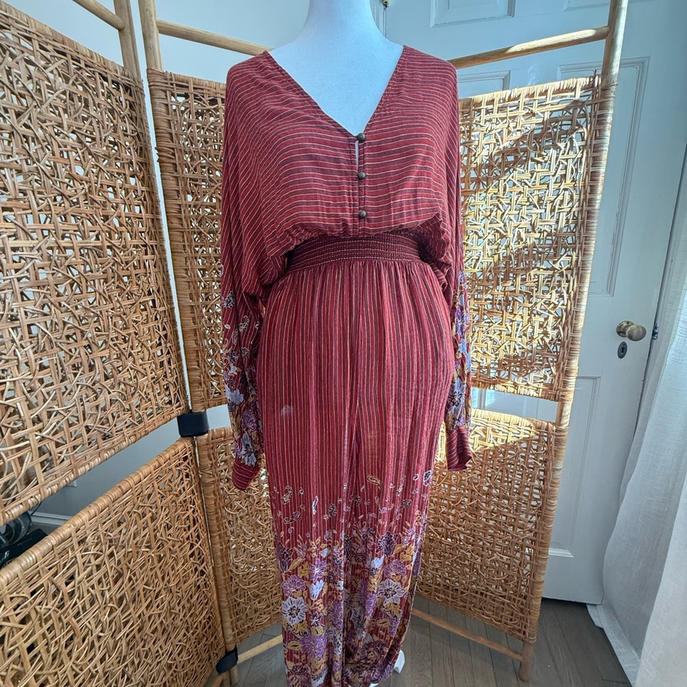 Anthropologie Brick Red Stripe Romper with Floral Hem